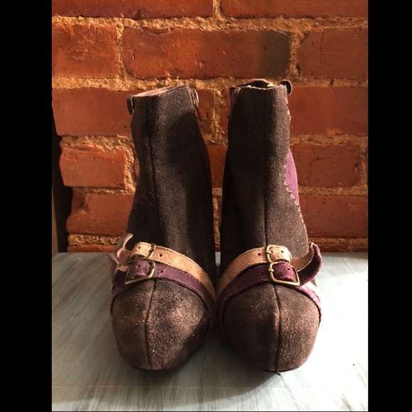 Pre-owned Retro Faux Suede Patchwork Wedge Booties Women's US Sz 7.5 - Picture 2 of 5